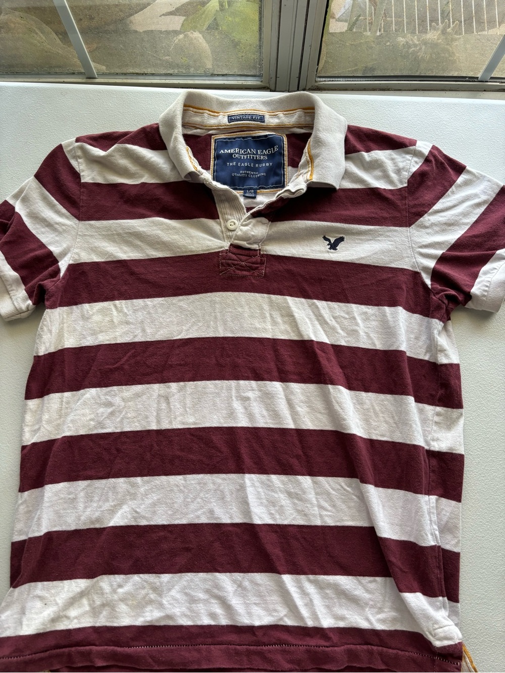 American Eagle Outfitters Burgundy and White Striped Polo